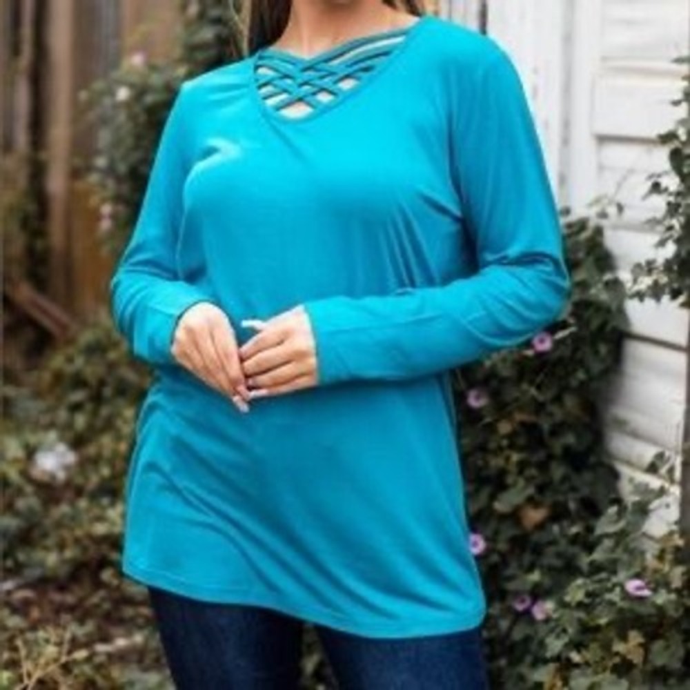L&B Lucky‎ & Blessed Turquoise Lattice Neck Long Sleeve Top Basic Teal Large